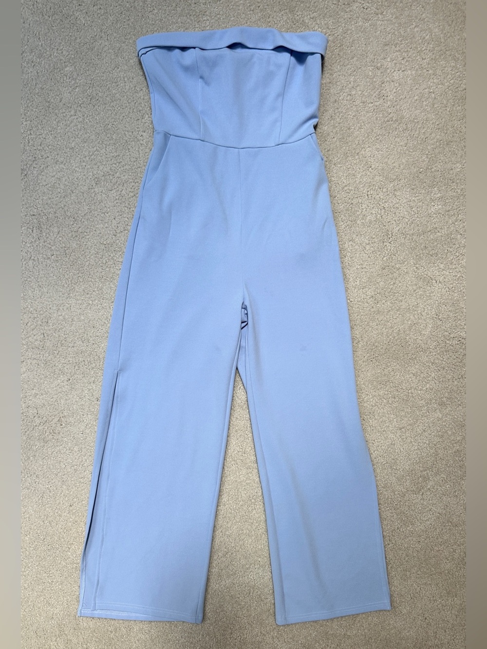 Strapless Fold-Over Wide-Leg Jumpsuit in Light Blue